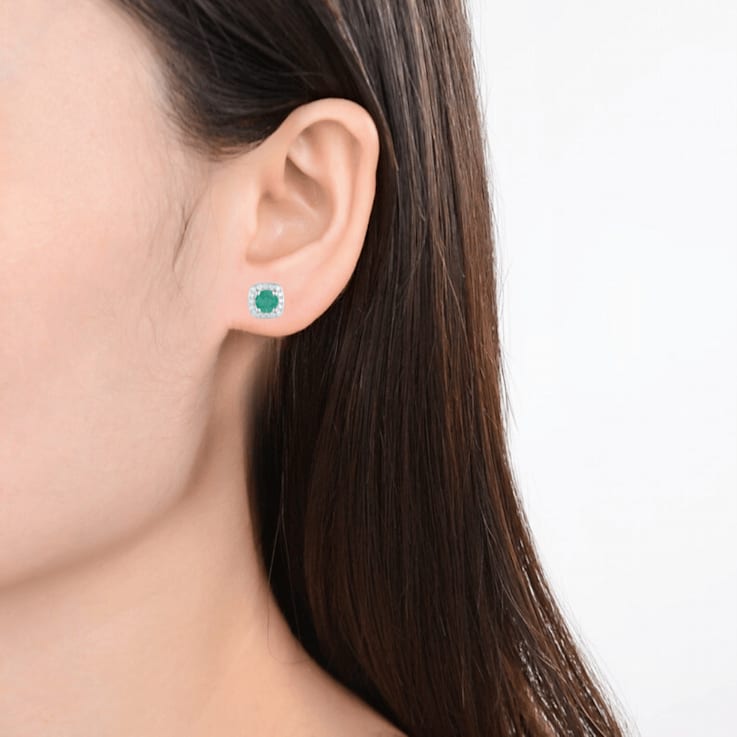 Green Emerald with Moissanite Sterling Silver Halo Stud Earrings