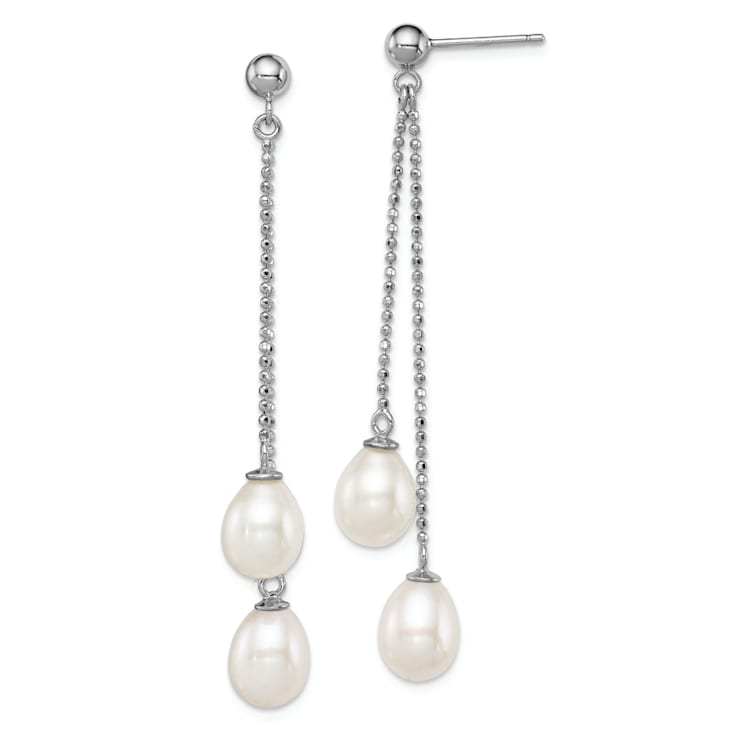 Rhodium Over Sterling Silver  7-8mm White Freshwater Cultured Pearl Post
Dangle Earrings
