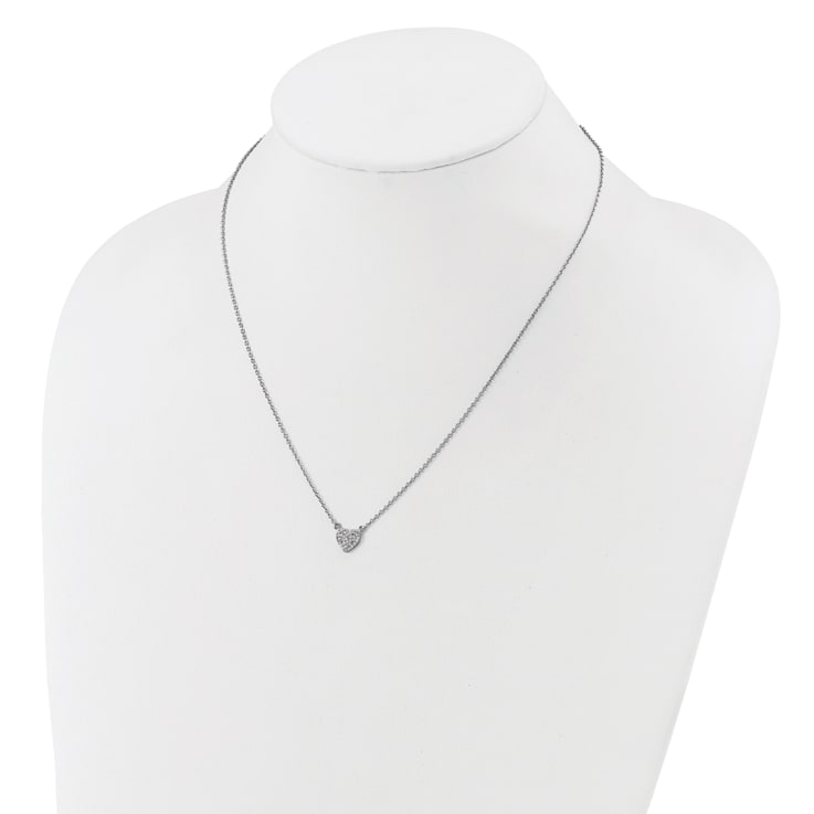 Rhodium Over Sterling Silver Polished Pave Cubic Zirconia Heart Necklace