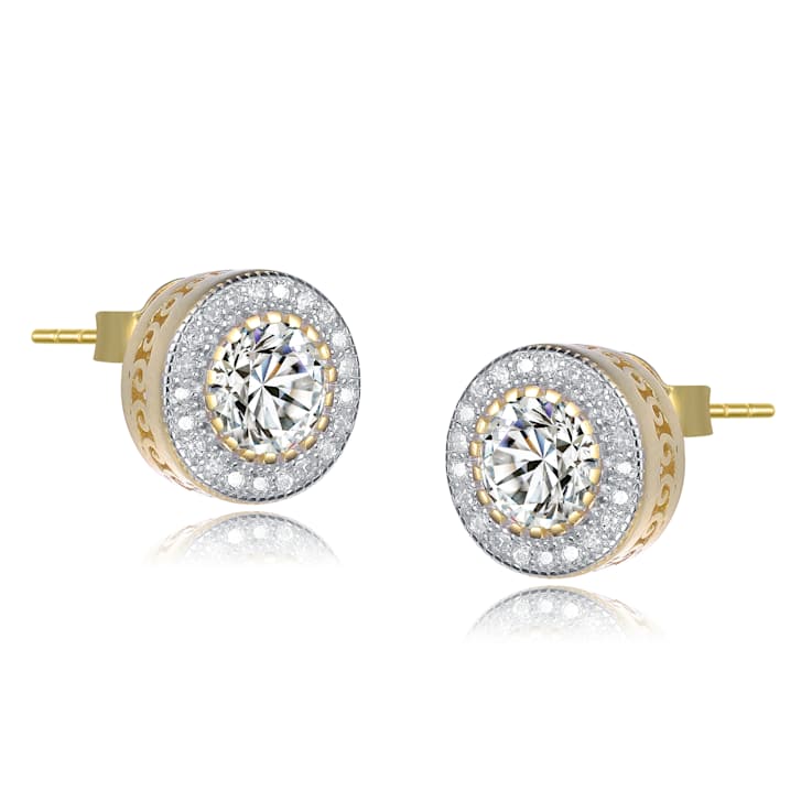 CZ Halo Stud Earrings In 14K Gold Over Sterling Silver