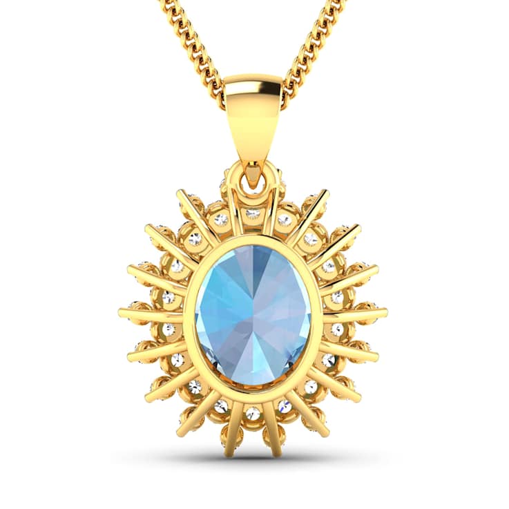 Oval Blue Aquamarine and White Diamond 14K Yellow Gold Halo Pendant with
Cable Chain 2.70ctw
