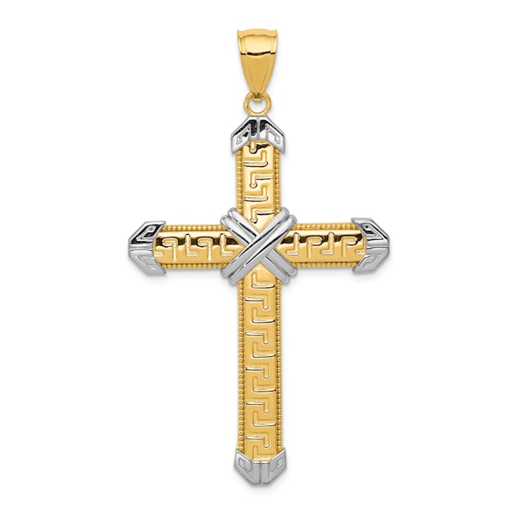 Rhodium Over 14K Two-tone Gold and Rhodium Greek Key Cross Pendant