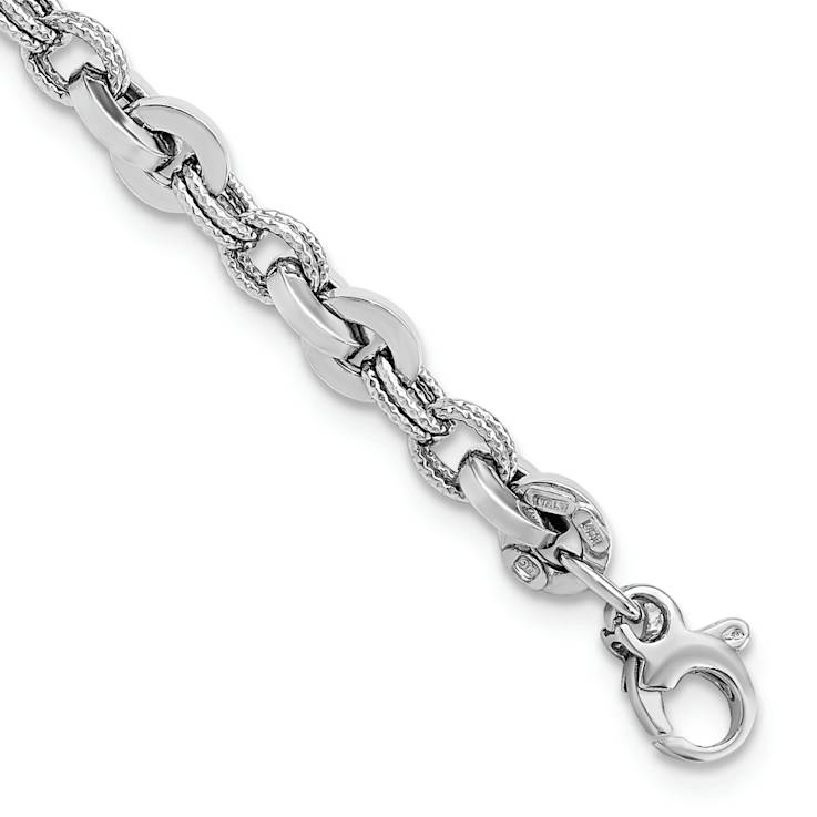 Rhodium Over 14k White Gold Polished and Textured Fancy Link Bracelet