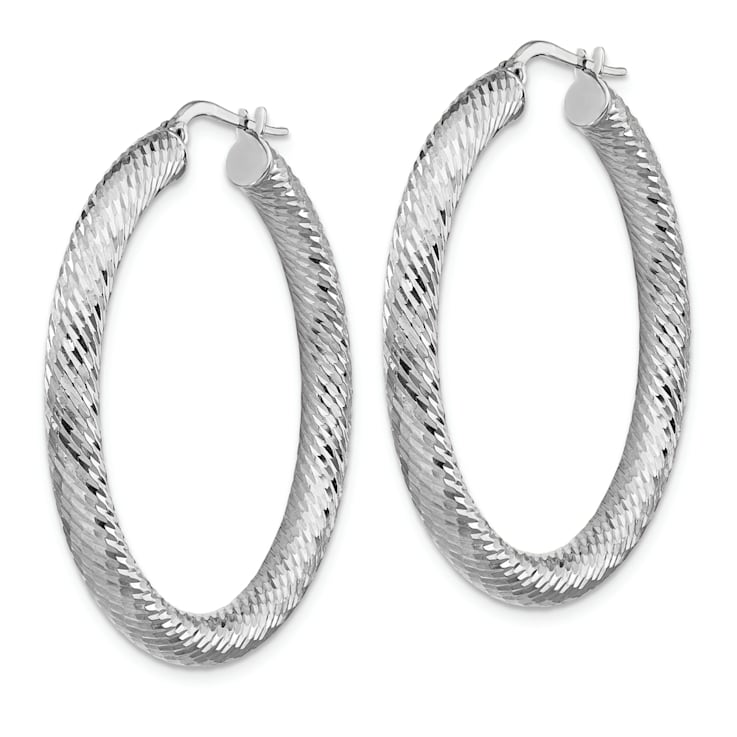 Rhodium Over 14K White Gold 1 5/8" Diamond-Cut Round Hoop Earrings