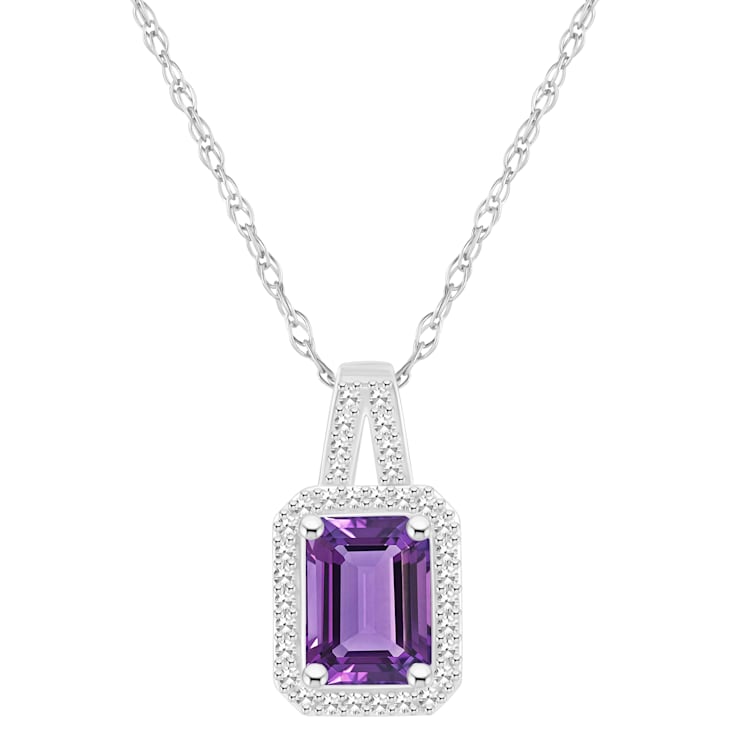 8x6mm Emerald Cut Amethyst 1/6 ctw Diamond Rhodium Over Sterling Silver
Halo Pendant with Chain