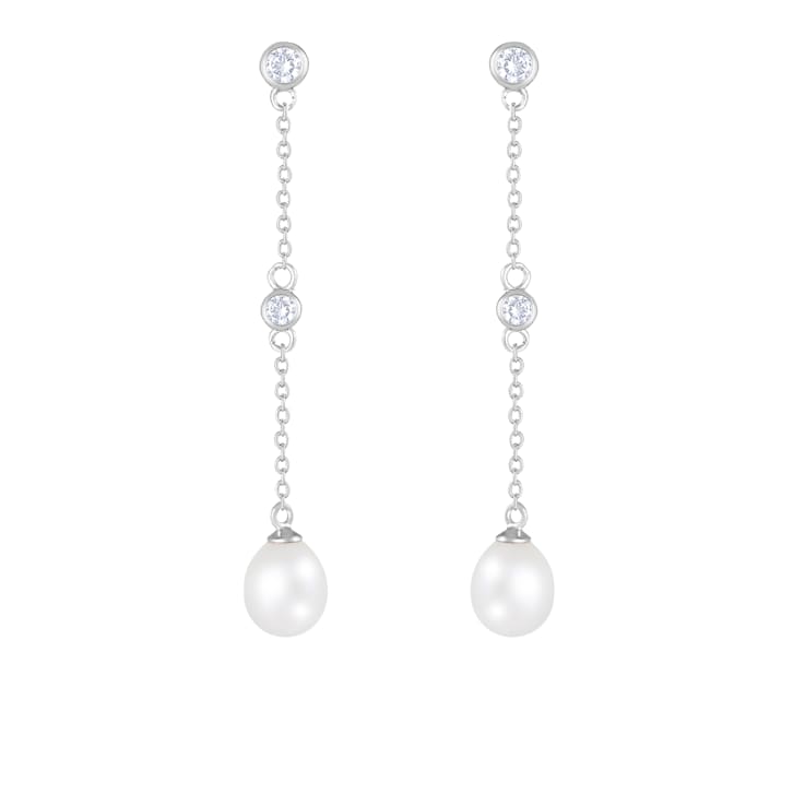 7-8mm white cultured freshwater pearl rhodium over sterling silver earrings