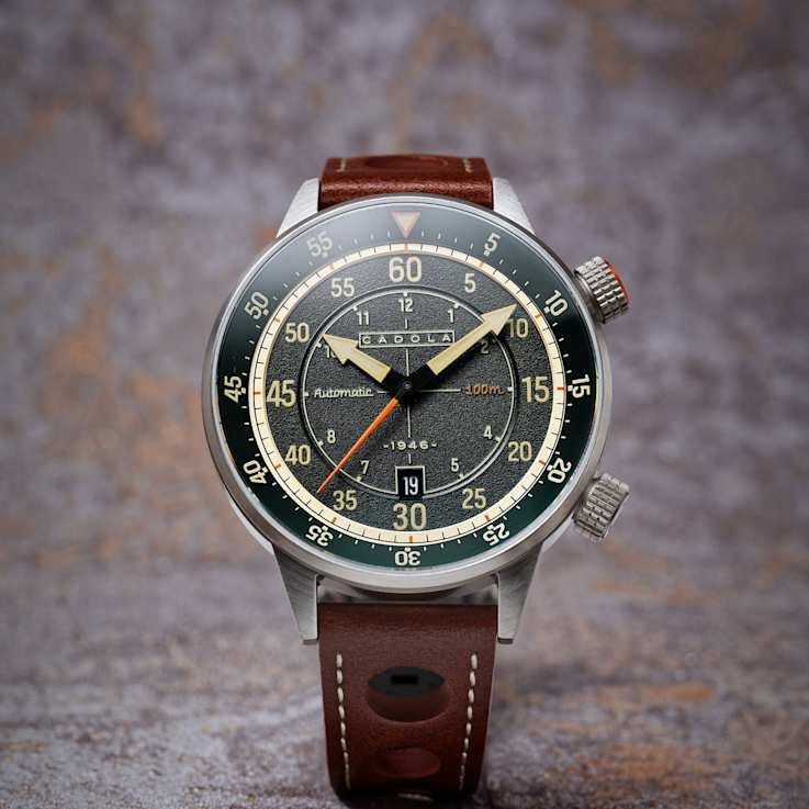 Cadola Rally Timer Green Dial White Bezel Brown Stainless Steel Band
Automatic Watch