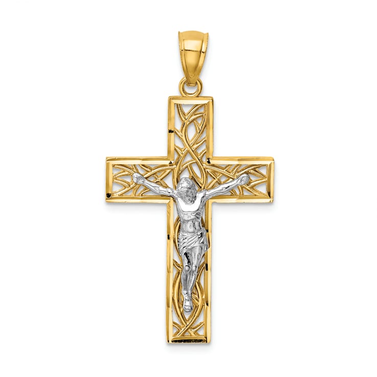 14K Yellow and White Gold Satin Polished Diamond-cut Crucifix with