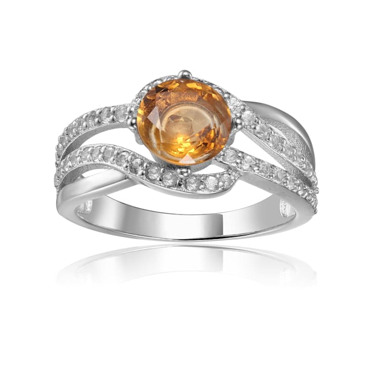 Round Citrine with White Sapphire Accents Crossover Ring, 1.12ctw