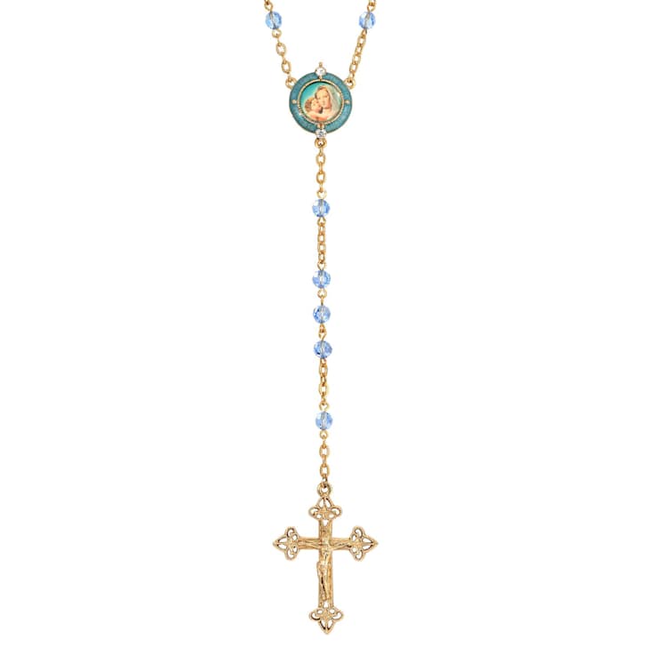 Symbols Of Faith Gold Tone Blue Beaded Rosary with Mary and Child Decal