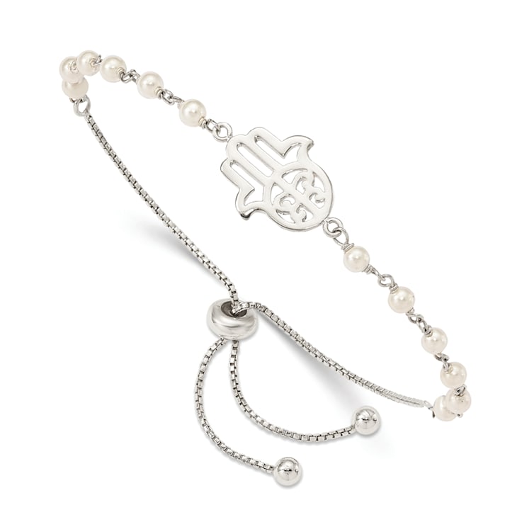 Sterling Silver Hamsa with Freshwater Cultured Pearl Adjustable Bracelet