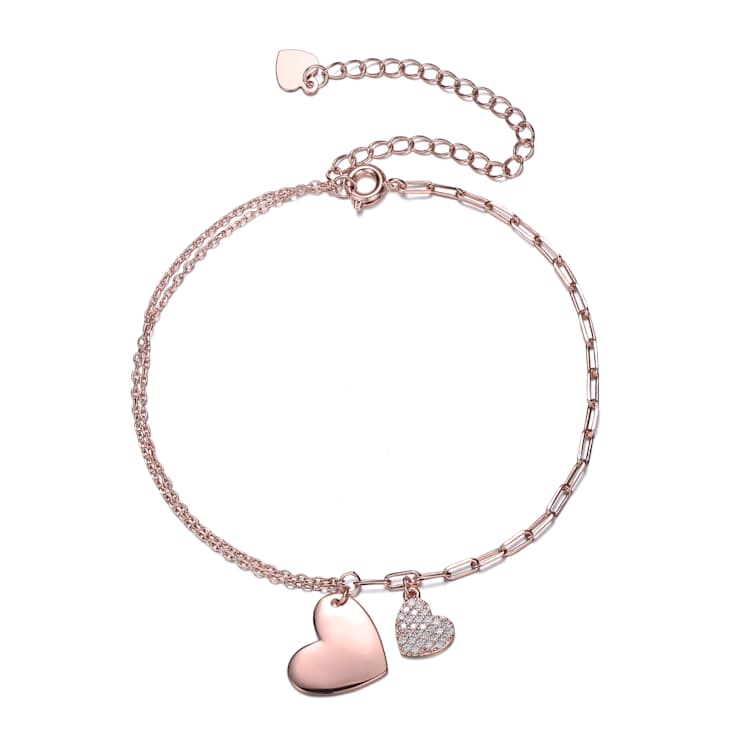 Heart Charm CZ Pave Bracelet In 18K Rose Gold Over Brass