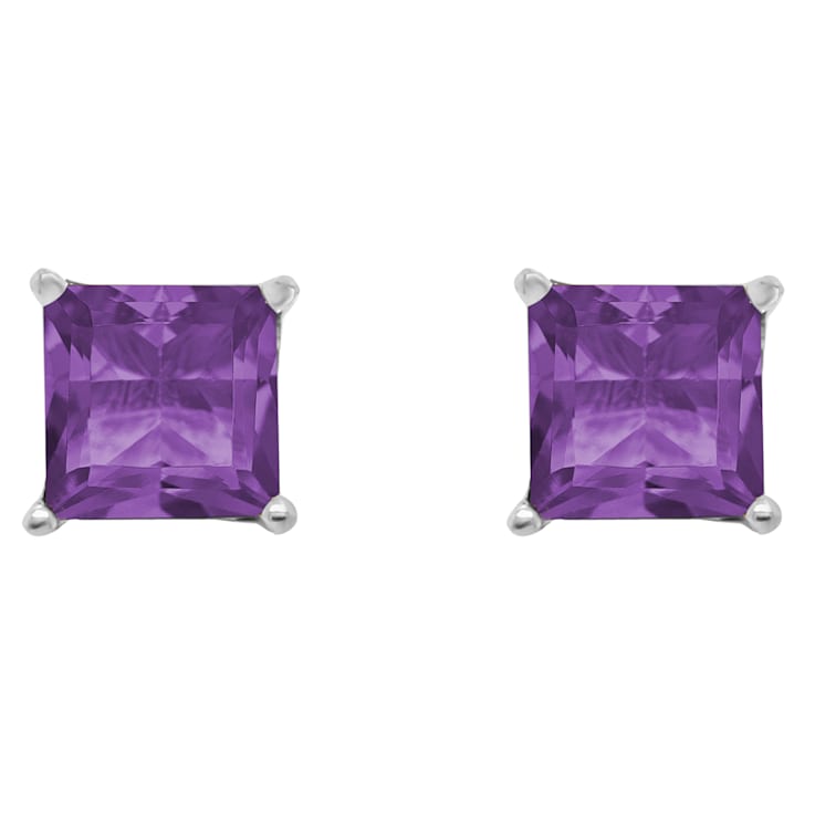 6mm Square Cut Amethyst Rhodium Over Sterling Silver Stud Earrings