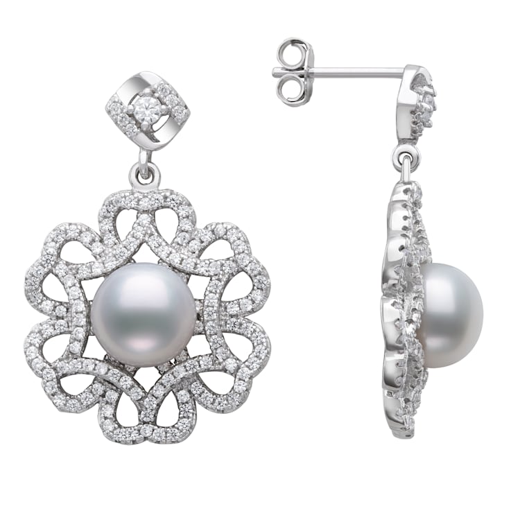 Sterling Silver Freshwater Pearl and Cubic Zirconia Earring