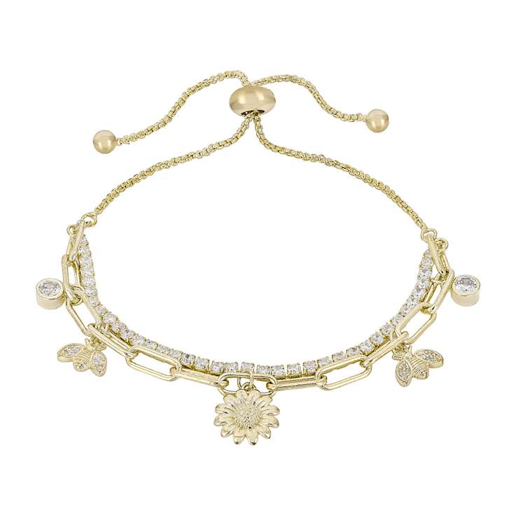 CZ Layered Charm Bolo Bracelet In 14K Gold Over Brass 2.91ctw