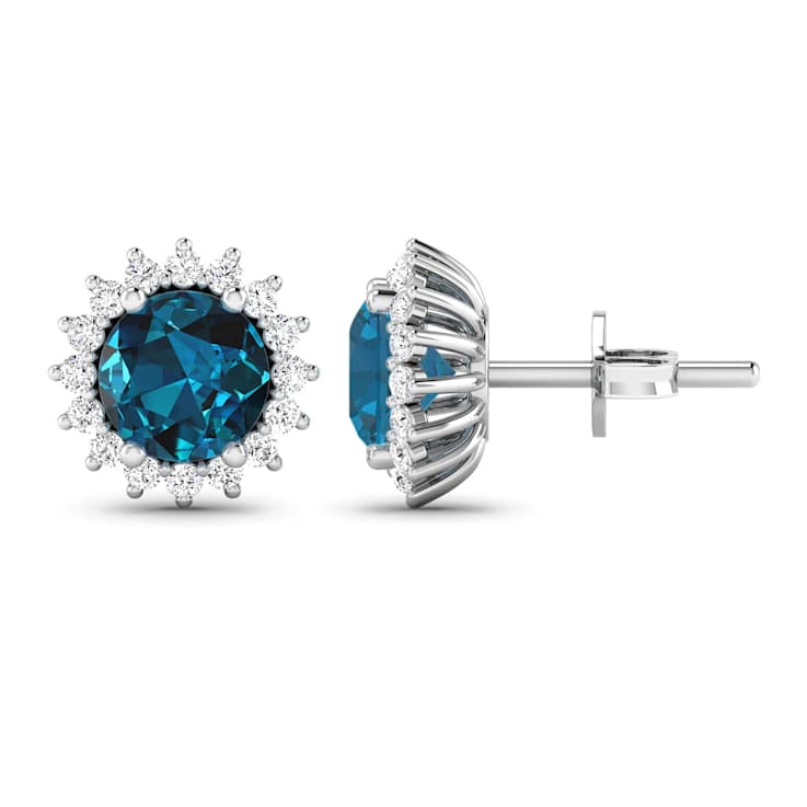1.60ctw 14K White Gold London Blue Topaz  Topaz and White Diamond Halo Earrings