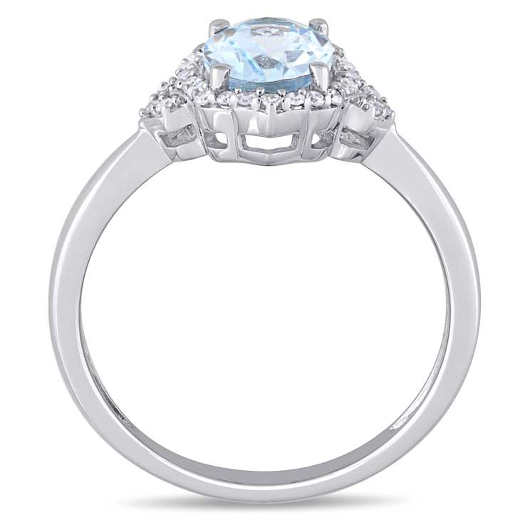 Aquamarine and Diamond 10K White Gold Halo Ring 1.13ctw