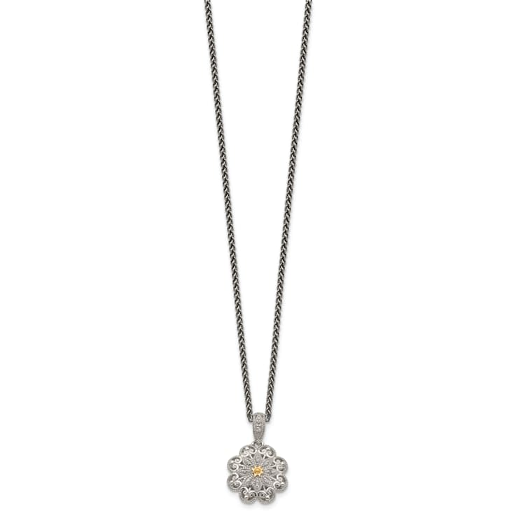 Sterling Silver Antiqued with 14K Accent Diamond Vintage Necklace