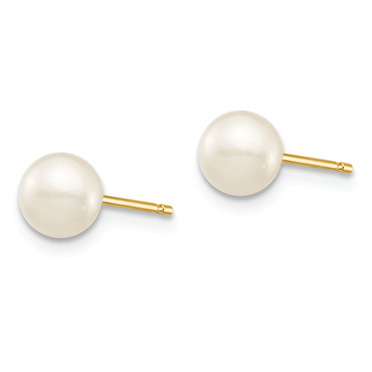 14K Yellow Gold 5-6mm White Round Freshwater Cultured Pearl Stud Post Earrings