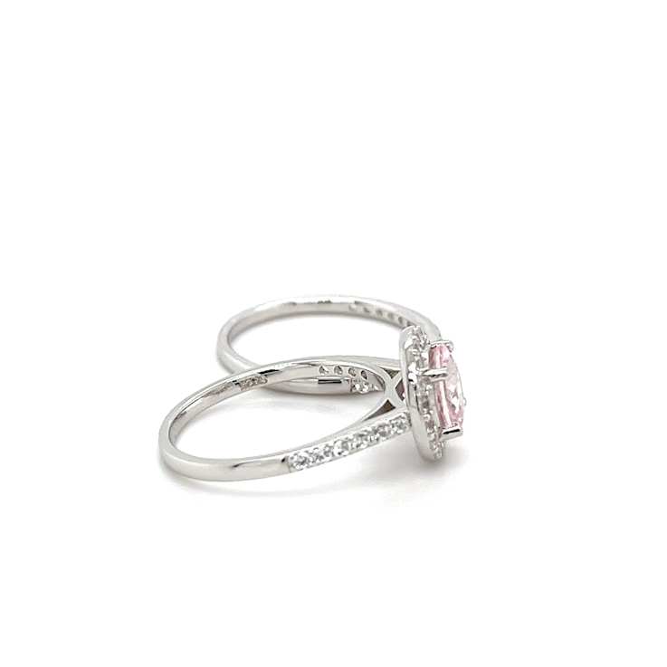 Round Pink Morganite and Cubic Zirconia Rhodium Over Sterling Silver Ring