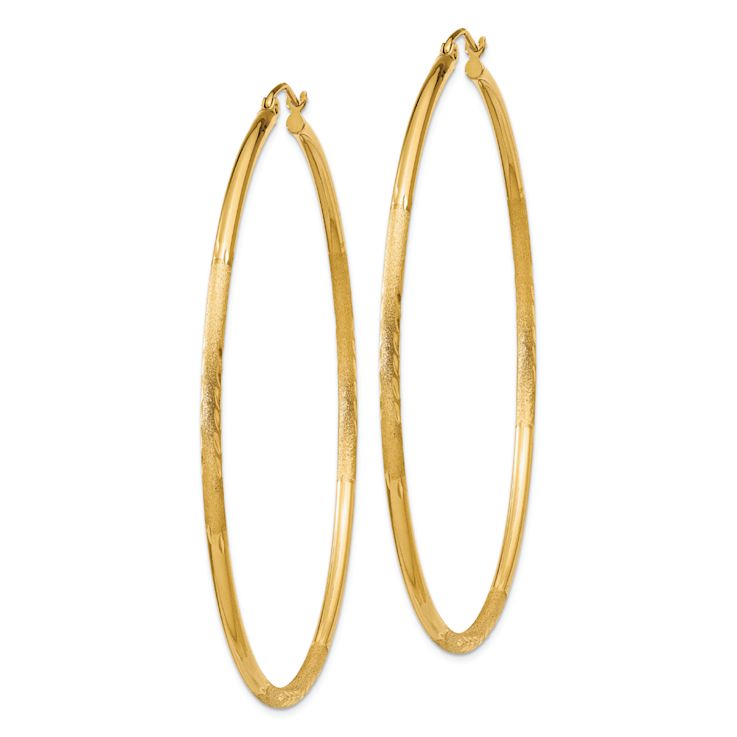 14k Yellow Gold 2 3/8" Satin and Diamond-Cut Round Tube Hoop Earrings
