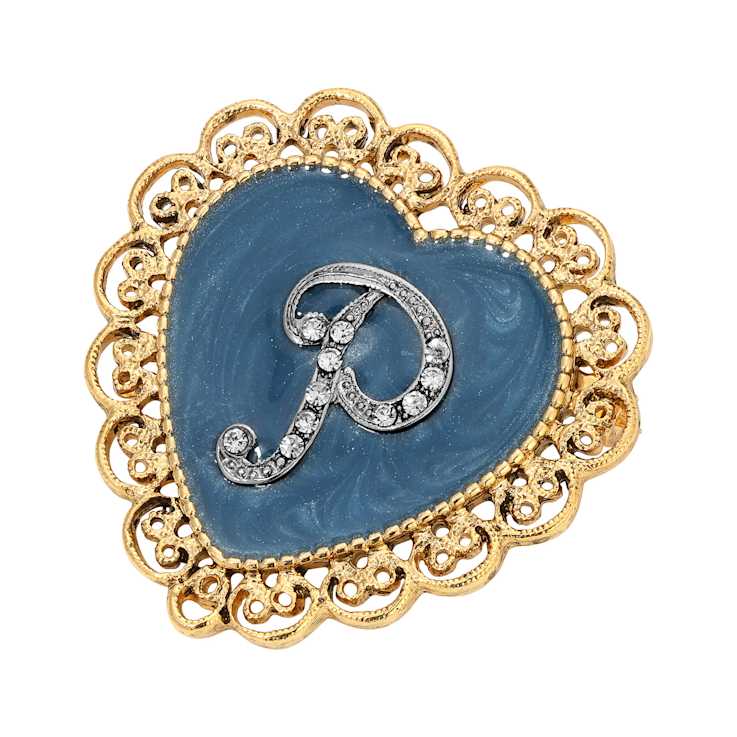 Gold Tone Filigree Heart Blue Enamel Initial Pin