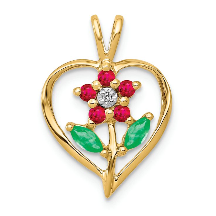 14K Two-tone Gold  Siam Ruby, Emerald and Diamond Flower Heart Pendant