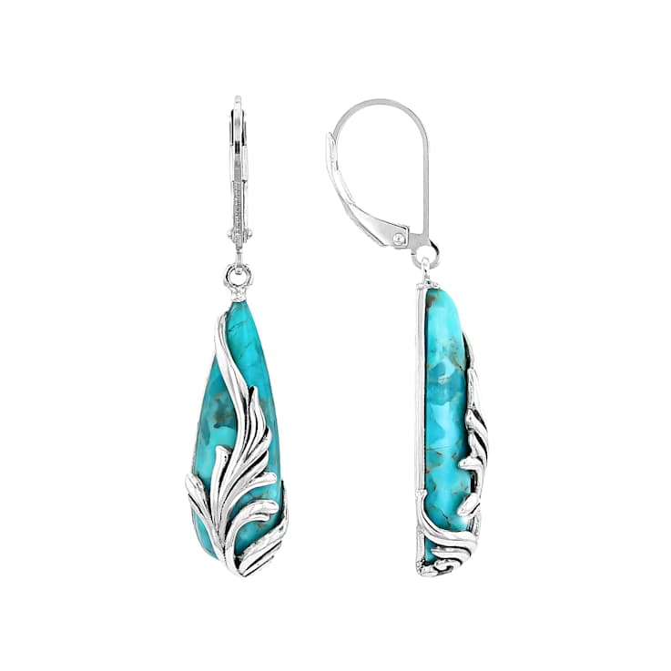 Blue Composite Turquoise Sterling Silver Feather Earrings 25x8mm