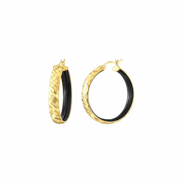 14K Yellow Gold Over Sterling Silver Enamel Hammered Hoop Earrings in Black