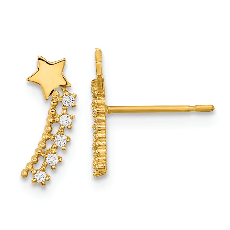 14k Yellow Gold Kids Textured Cubic Zirconia Shooting Star Stud Earrings