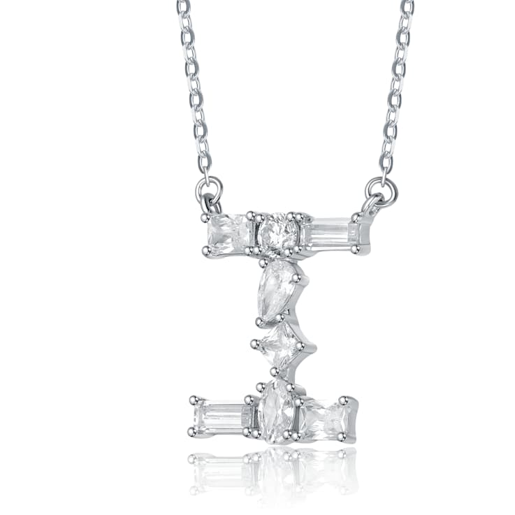Initial I Mixed Cut CZ Pendant Necklace In Sterling Silver 18 Inch
