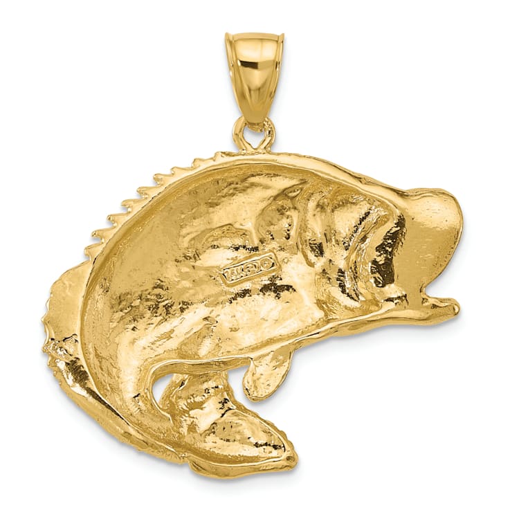 14k Yellow Gold 2D Textured Bass Fish Jumping Charm