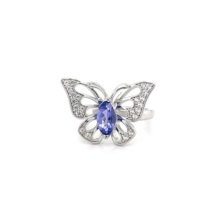 Tanzanite 9x4.5mm Marquise and White Zircon Rhodium Over Sterling Silver Ring