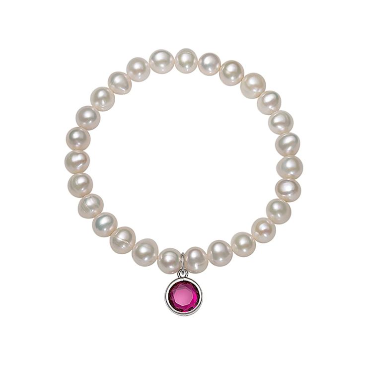 Freshwater Pearl And Red CZ Charm Stretch Bracelet In Sterling Silver