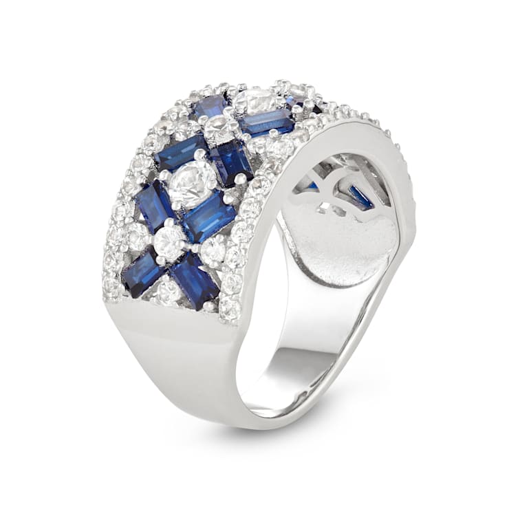 Lab Created Blue and White Sapphire Sterling Silver Statement Ring 4.07ctw