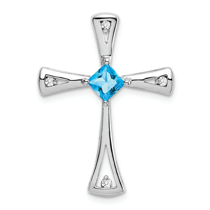 Rhodium Over 14k White Gold Blue Topaz and Diamond Cross Chain Slide Pendant