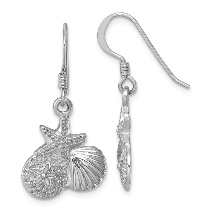 Rhodium Over Sterling Silver Starfish, Sand Dollar and Shell Dangle Earrings