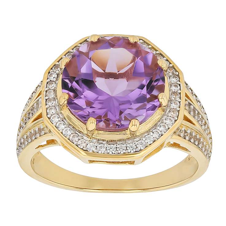 Amethyst Round And White Zircon Ring In 18K Gold Over Sterling Silver 4.29ctw
