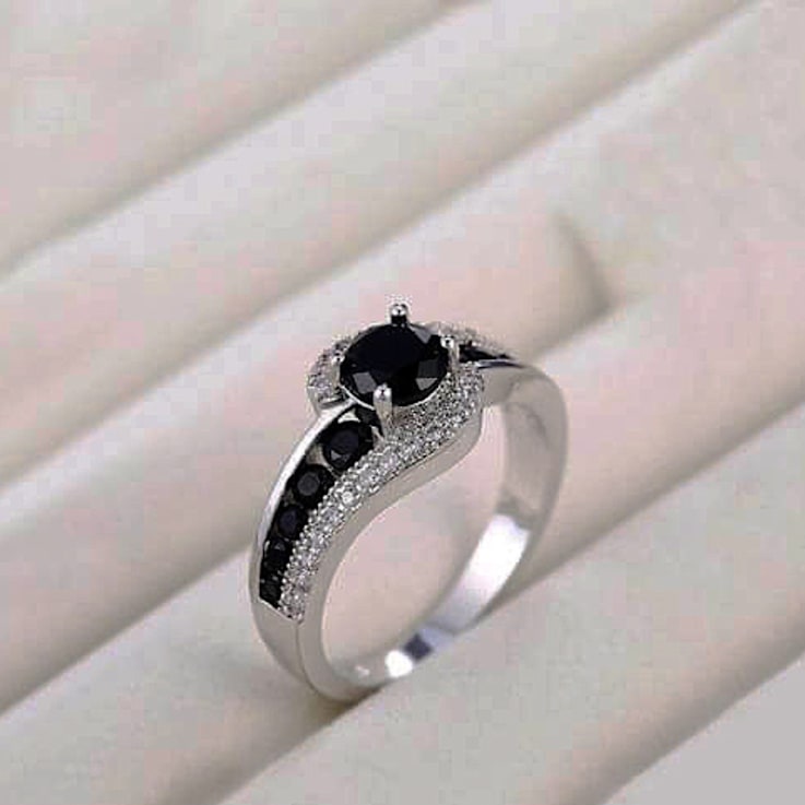 Black Spinel And White Topaz Accents Rhodium Over Sterling Silver Bypass Ring