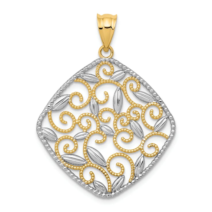 14k Yellow Gold and Rhodium Over 14k Yellow Gold Diamond-Cut Filigree
Swirl Pendant