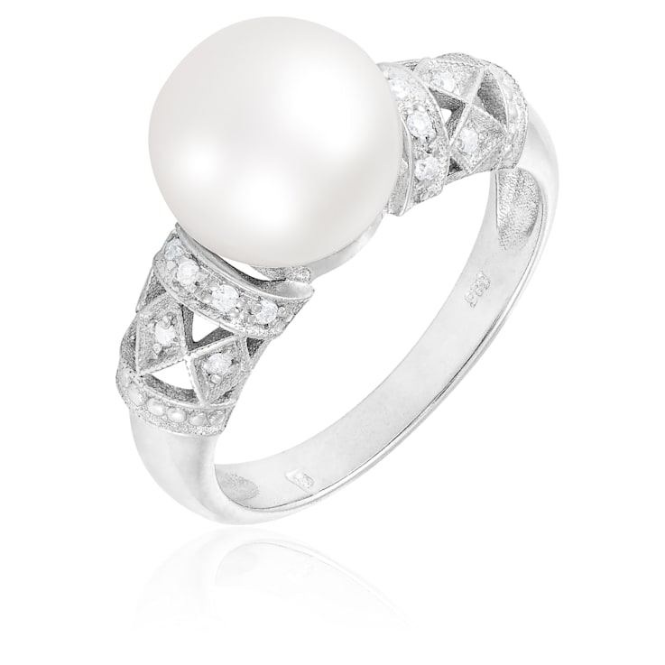 9-10mm White Cultured Freshwater Pearl 14K White Gold Ring