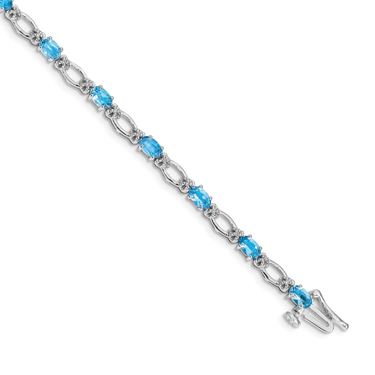 Rhodium Over 14k White Gold Diamond and Blue Topaz Bracelet