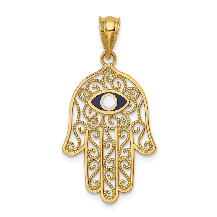 14k Yellow Gold Polished Filigree Textured and Enameled Hamsa Pendant