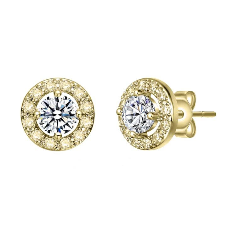 CZ Halo Stud Earrings In 14K Gold Over Brass