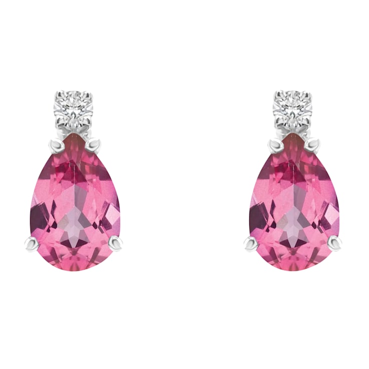 6x4mm Pear Shape Pink Topaz with Diamond Accents 14k White Gold Stud Earrings