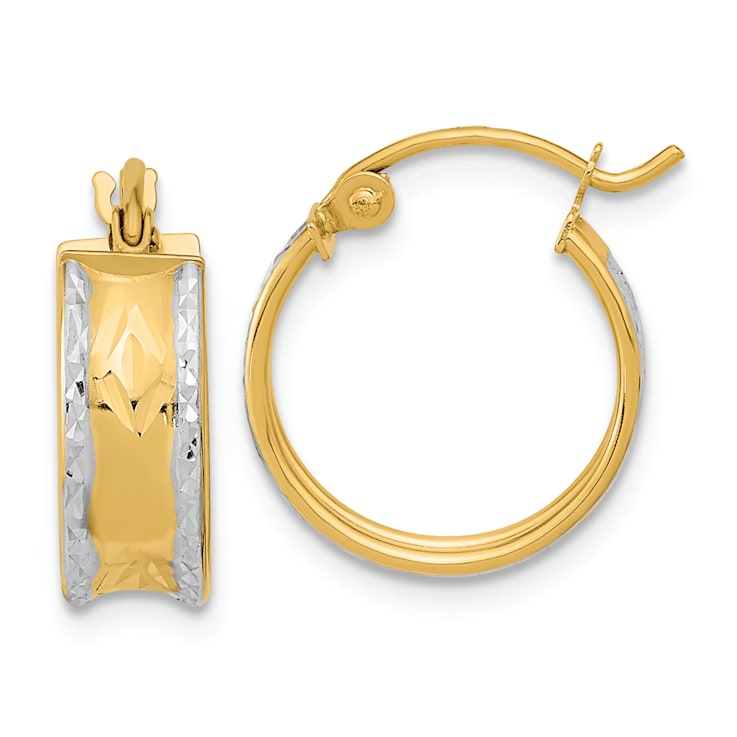 14k Yellow Gold and Rhodium Over 14k Yellow Gold 9/16" Polished
Diamond-cut Hoop Earrings