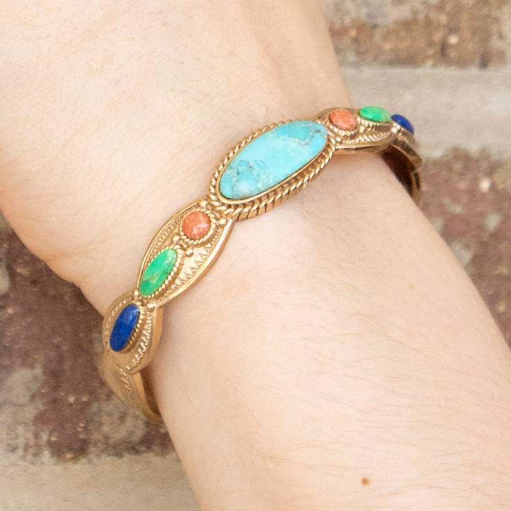 Barse Jewelry Multi-Gemstone Gold Tone Concho  Cuff Bracelet