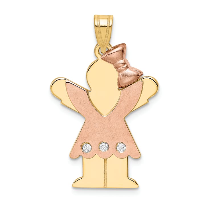 14K Two-tone Gold Satin I1/G-H Diamond Girl with Bow Pendant