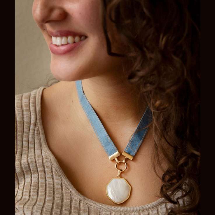 Barse Jewelry Blue Denim Dreams White Mother of Pearl Ribbon Golden
Pendant Necklace