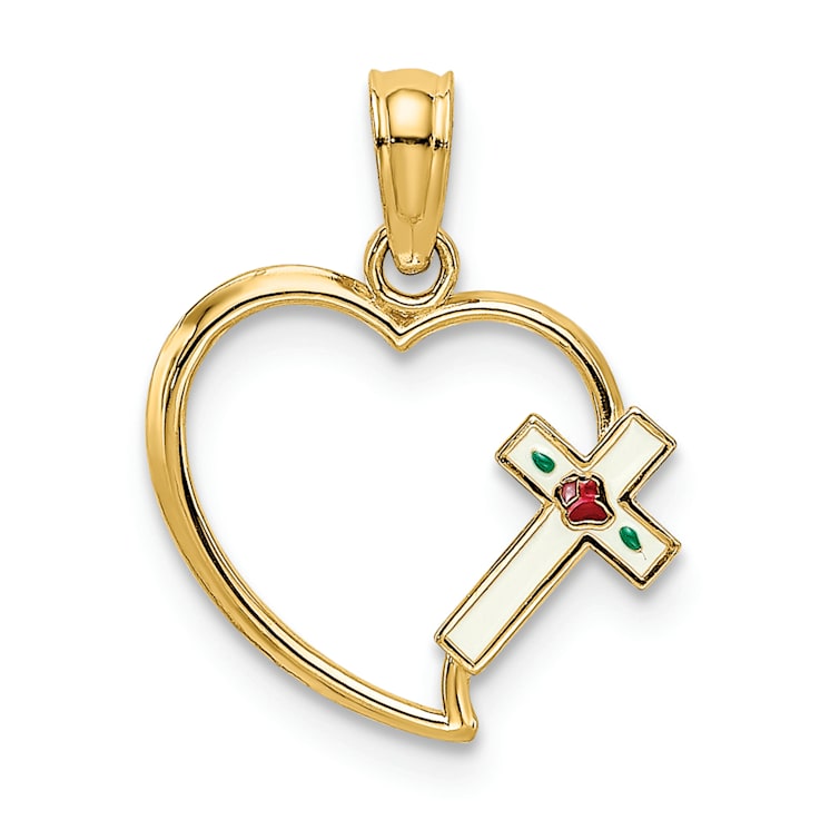 14K Yellow Gold Enamel Cross and Heart Charm Pendant